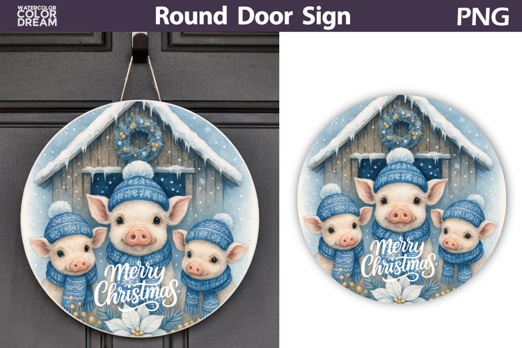 Merry Christmas Round Sign | Pig Christmas Door Sign