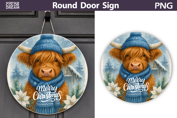 Merry Christmas Round Sign | Highland Cow Door Sign