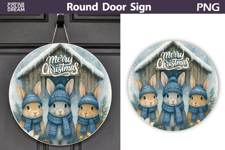 Merry Christmas Round Sign | Bunny Door Sign
