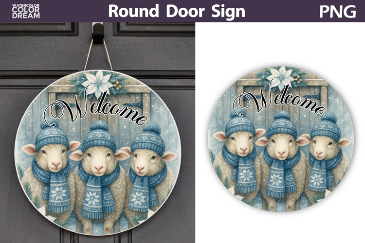 Merry Christmas Round Sign | Sheep Door Sign