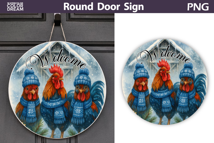 Merry Christmas Round Sign | Rooster Door Sign