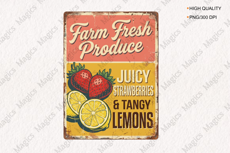 Farm Fresh Strawberries and Lemons Vintage Sign PNG