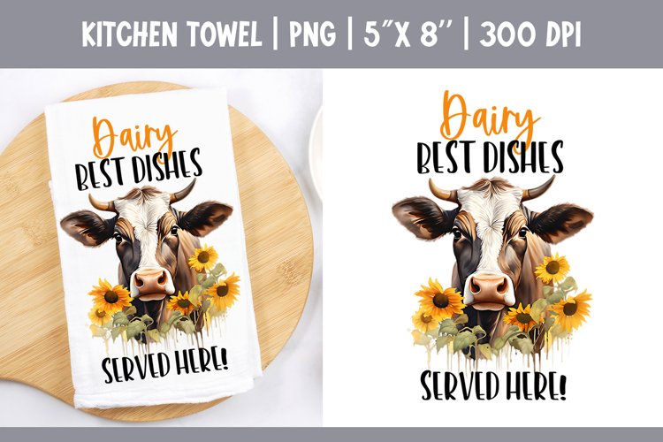 Farmhouse Kitchen Towel Sublimation Design | Floral Cow PNG example image 1