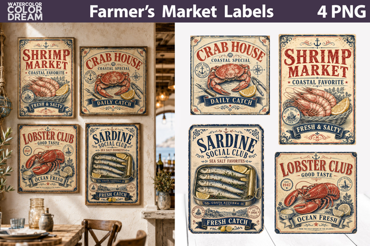 Seafood Market Labels | Vintage Coastal Stickers