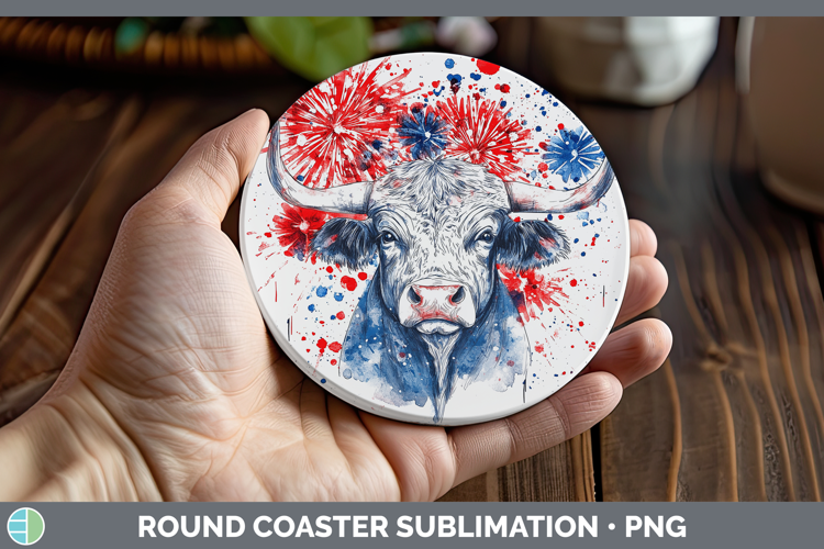 Farm Patriotic Splash Bull Round Coaster Sublimation Coaster