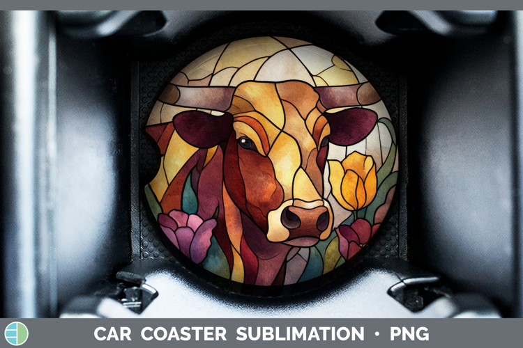 Bull Car Coaster Farm Stained Glass Flowers Sublimation Des