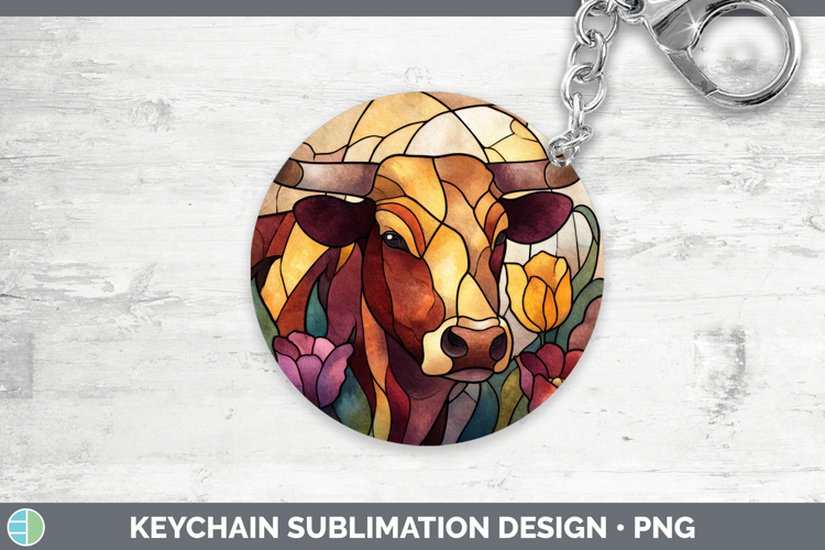 Bull Keychain Farm Stained Glass Flowers Sublimation Keyring