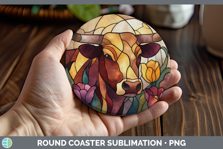 Bull Round Coaster Farm Stained Glass Flowers Sublimation Co