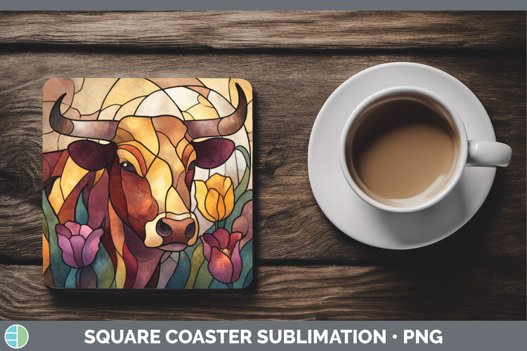 Bull Square Coaster Farm Stained Glass Flowers Sublimation C