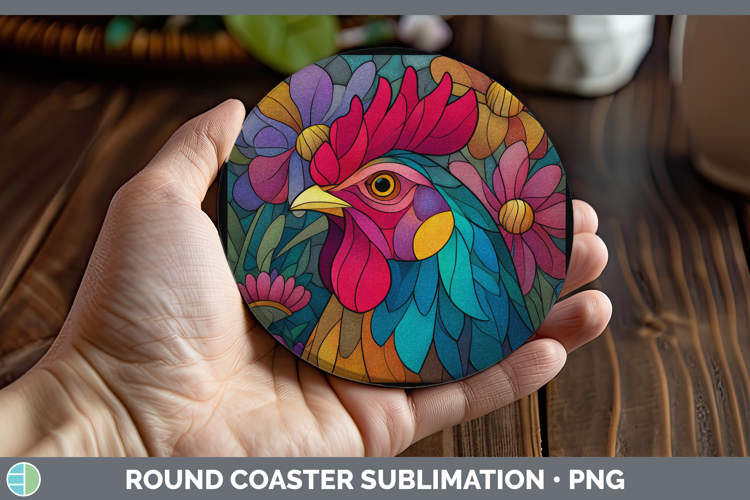 Chicken Round Coaster Farm Stained Glass Flowers Sublimation