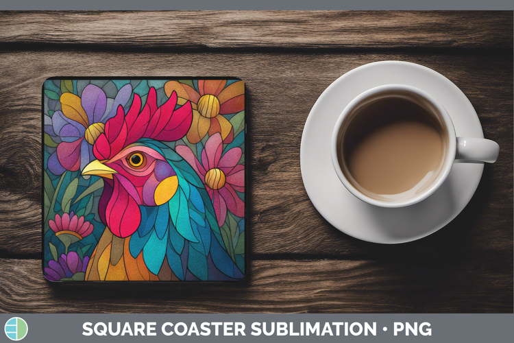 Chicken Square Coaster Farm Stained Glass Flowers Sublimatio
