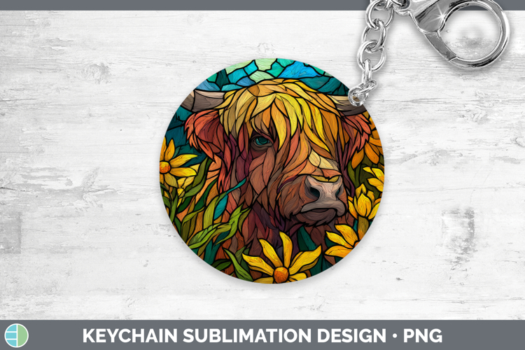 Highland Cow Keychain Farm Stained Glass Flowers Sublimation