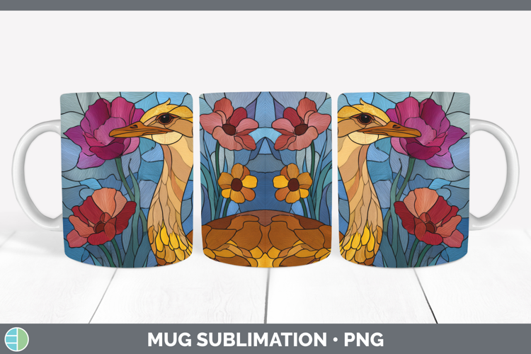 Ostrich Mug Wrap Farm Stained Glass Flowers Sublimation Coff