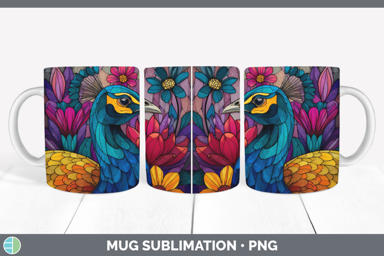 Peacock Mug Wrap Farm Stained Glass Flowers Sublimation Coff