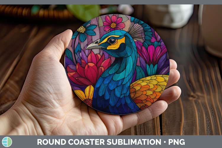 Peacock Round Coaster Farm Stained Glass Flowers Sublimation