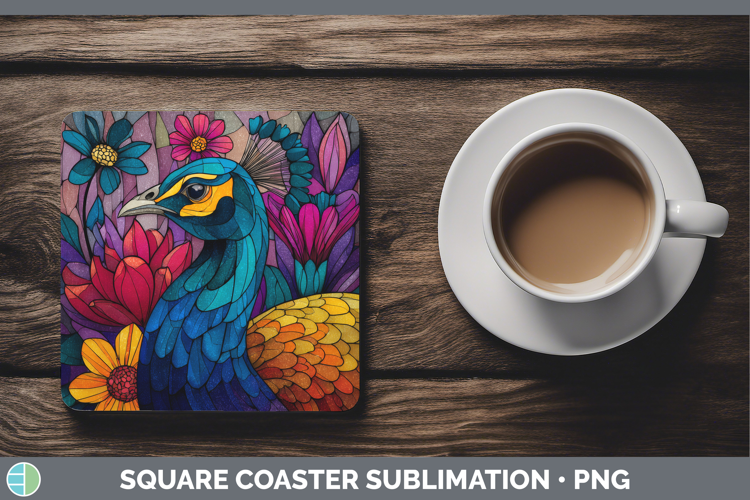 Peacock Square Coaster Farm Stained Glass Flowers Sublimatio