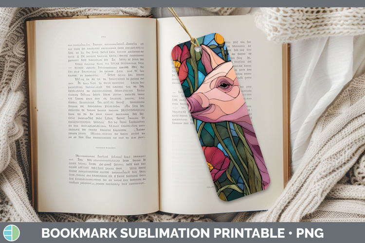 Pig Bookmark Farm Stained Glass Flowers Sublimation Printabl