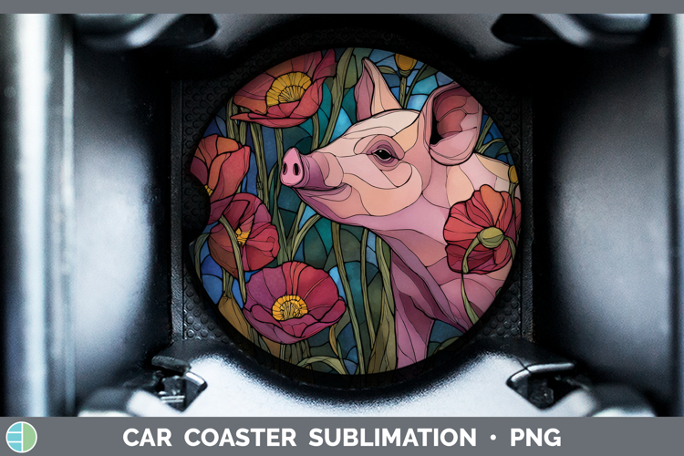 Pig Car Coaster Farm Stained Glass Flowers Sublimation Desi