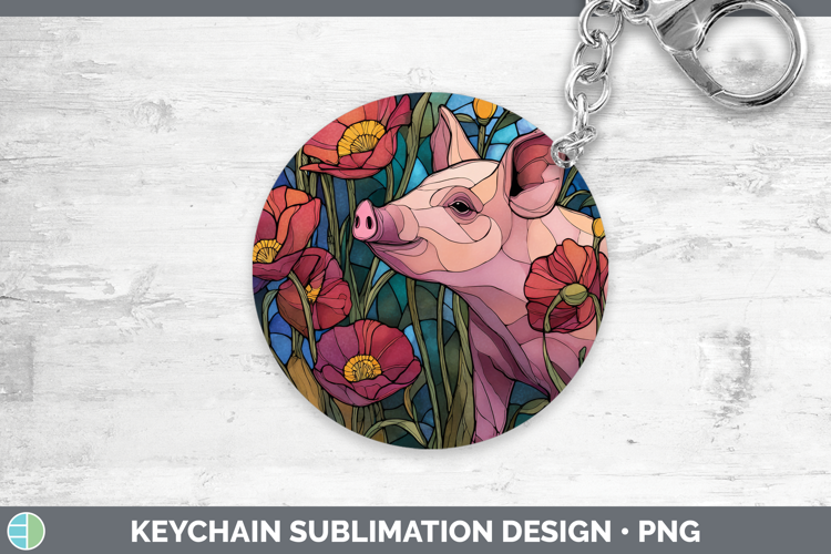 Pig Keychain Farm Stained Glass Flowers Sublimation Keyring