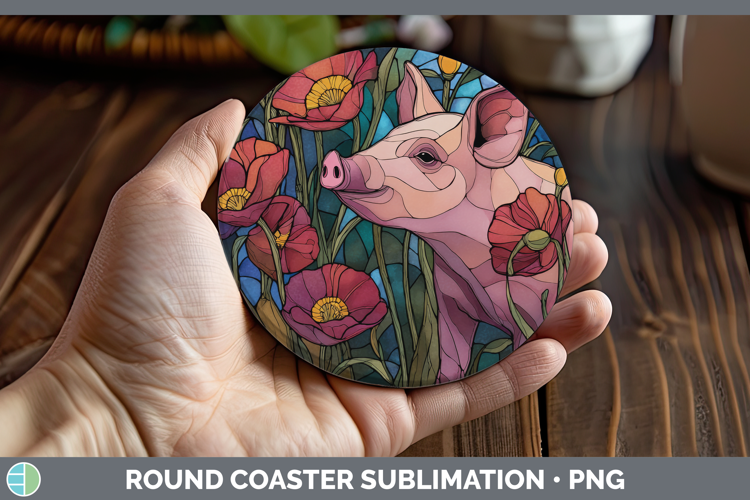 Pig Round Coaster Farm Stained Glass Flowers Sublimation Coa