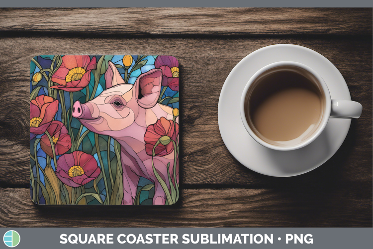 Pig Square Coaster Farm Stained Glass Flowers Sublimation Co