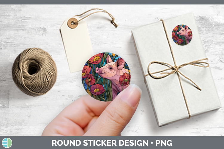 Farm Stained Glass Flowers Pig Stickers | Round Labels Desig