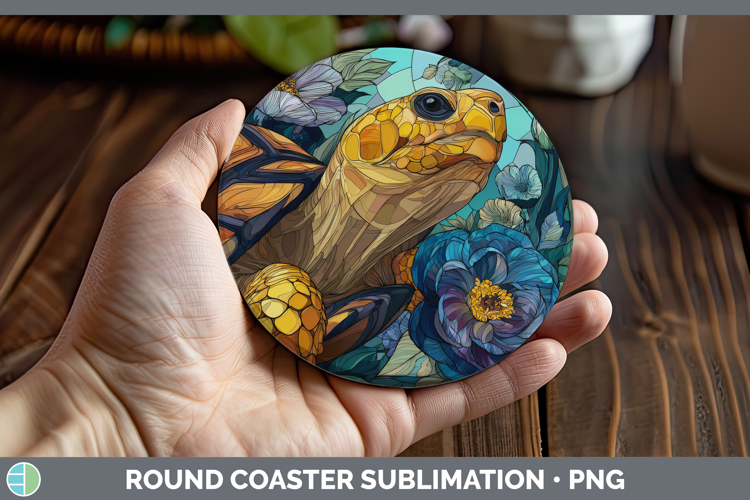 Tortoise Round Coaster Farm Stained Glass Flowers Sublimatio