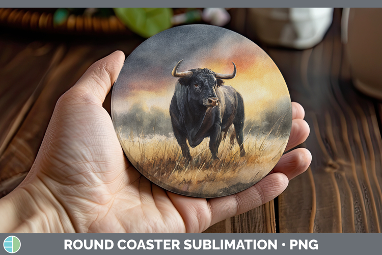 Bull Farm Sunset Round Coaster Sublimation Design