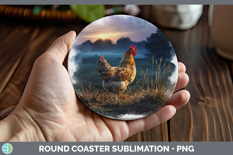 Chicken Farm Sunset Round Coaster Sublimation Design