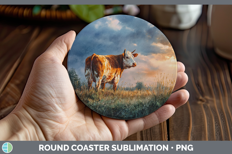 Cow Farm Sunset Round Coaster Sublimation Design