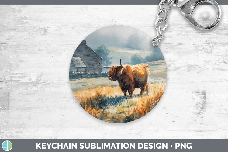 Highland Cow Farm Sunset Keychain Sublimation Design