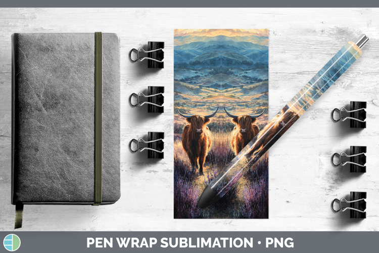 Highland Cow Farm Sunset Pen Wrap Sublimation Design