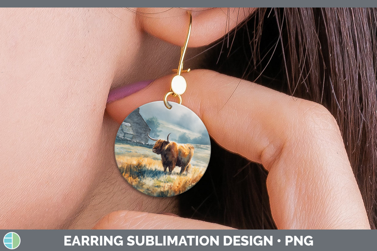Highland Cow Farm Sunset Round Earrings Sublimation Design
