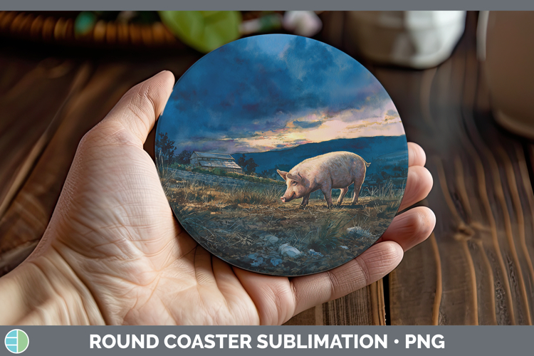 Pig Farm Sunset Round Coaster Sublimation Design