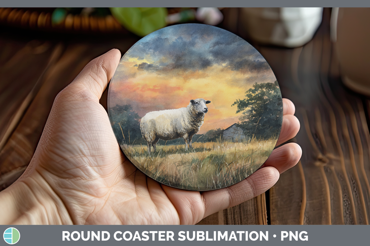 Sheep Farm Sunset Round Coaster Sublimation Design