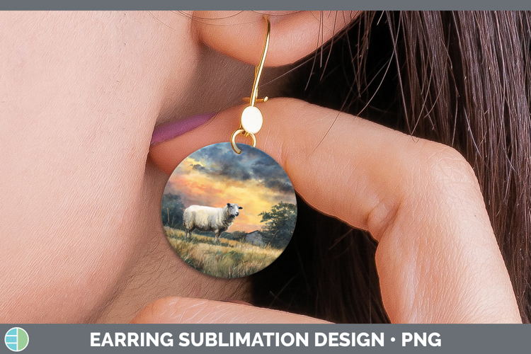 Sheep Farm Sunset Round Earrings Sublimation Design