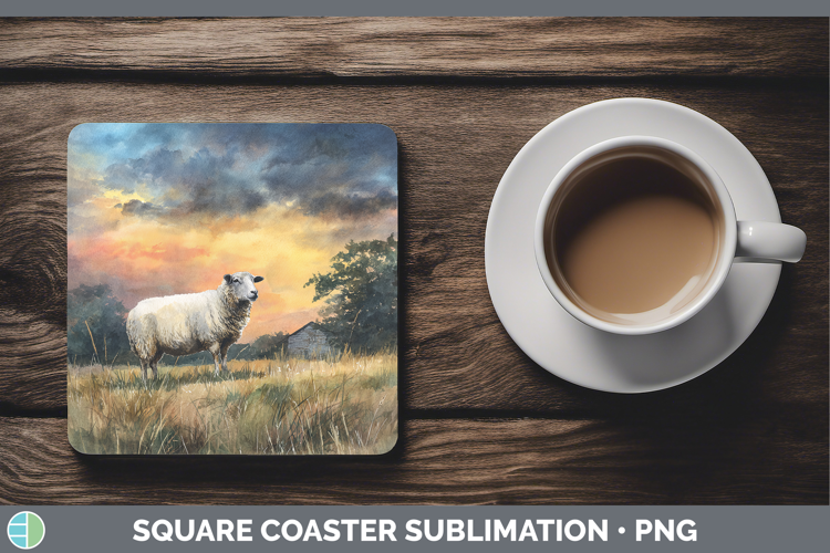 Sheep Farm Sunset Square Coaster Sublimation Design