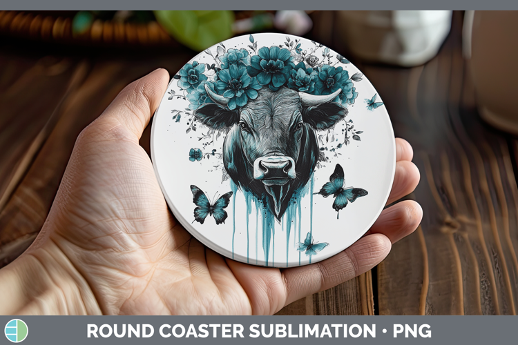 Bull Farm Teal Drips Round Coaster Sublimation Design