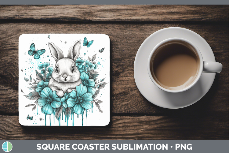 Bunny Farm Teal Drips Square Coaster Sublimation Design