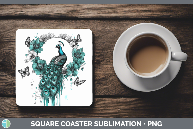Peacock Farm Teal Drips Square Coaster Sublimation Design