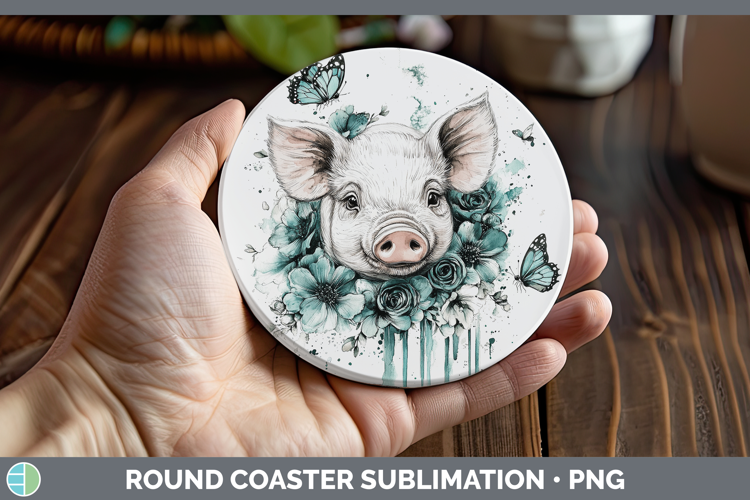 Pig Farm Teal Drips Round Coaster Sublimation Design