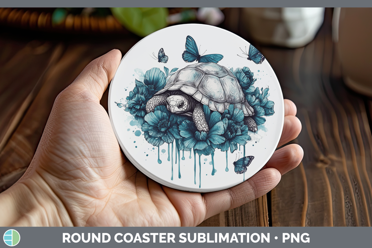 Tortoise Farm Teal Drips Round Coaster Sublimation Design