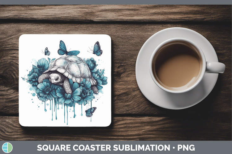 Tortoise Farm Teal Drips Square Coaster Sublimation Design