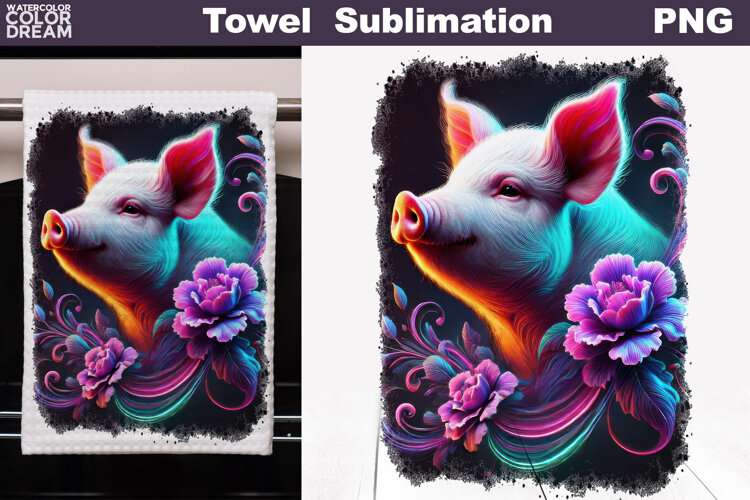 Neon Pig with Flowers | Farm Towel Sublimation example image 1