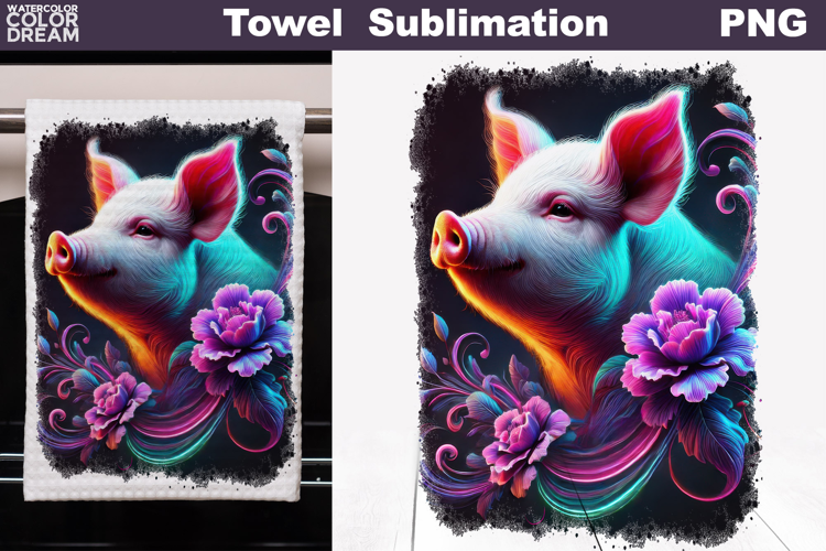 Neon Pig with Flowers | Farm Towel Sublimation