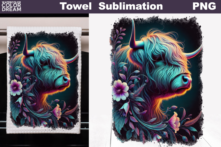 Neon Highland Cow with Flowers | Farm Towel Sublimation