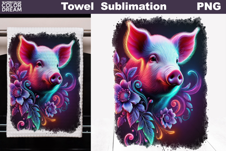 Neon Pig with Flowers | Farm Towel Sublimation