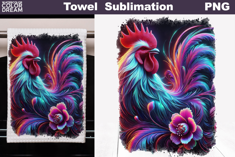 Neon Rooster with Flowers | Farm Towel Sublimation