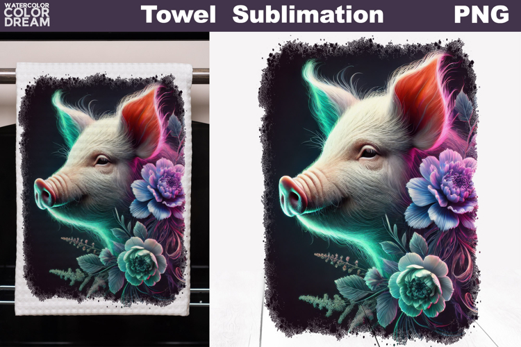 Neon Pig with Flowers | Farm Towel Sublimation