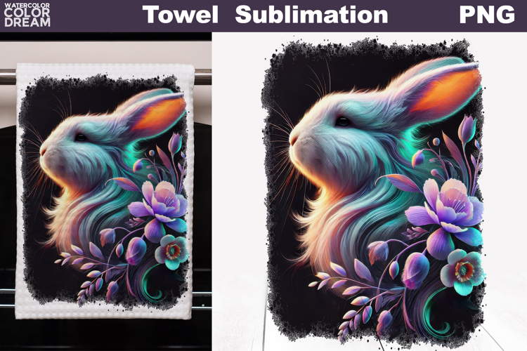 Neon Bunny with Flowers | Farm Rabbit Towel Sublimation